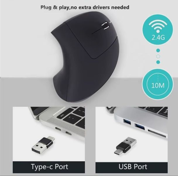 Мишка вертикальна бездротова оптична 2.4 ГГц Dual-Mode Model Type-C USB Black 2555187686 фото